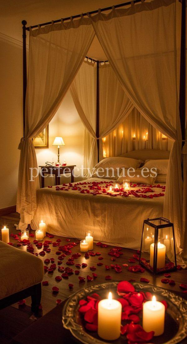 Noche en una suite decorada con detalles románticos