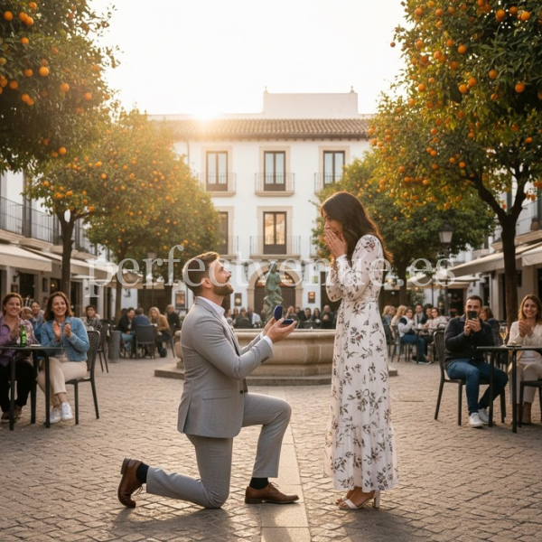 Marriage proposal in Marbella at Plaza de los Naranjos / Photo via Perfect Venue